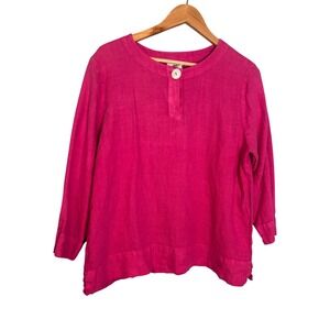 Hot Cotton Marc Ware Linen Blouse 3/4 Sleeve Button Neck Size Medium Linen